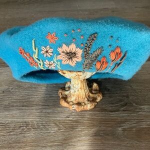 Embroidered Teal Wool Beret